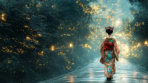 Lantern Lit Path Kimono Woman