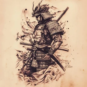 Ink Illustration of a Samurai Warrior