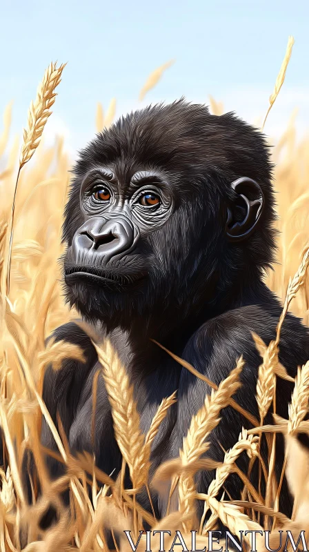 Pensive Gorilla Amidst Golden Wheat AI Image