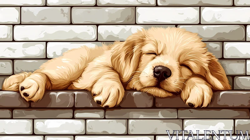 Golden Retriever Puppy on Brick Ledge AI Image