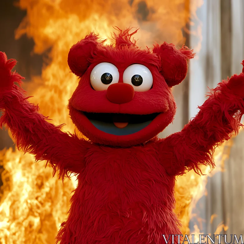 Joyful Red Puppet Amidst Flames AI Image