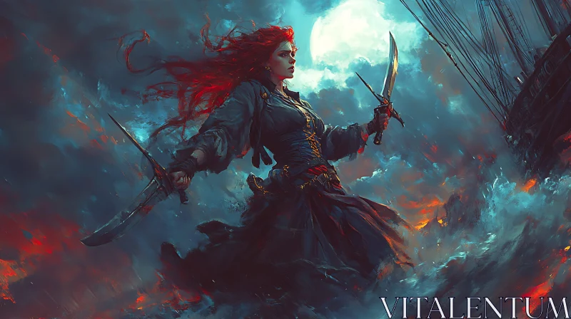 AI ART Fiery Pirate Woman in Stormy Seas