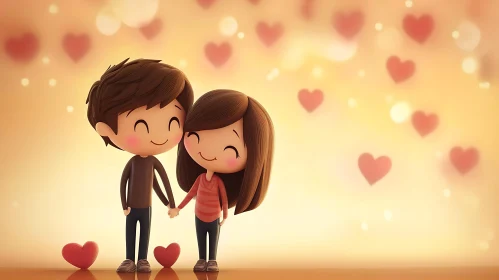 Romantic Cartoon Couple Holding Hands