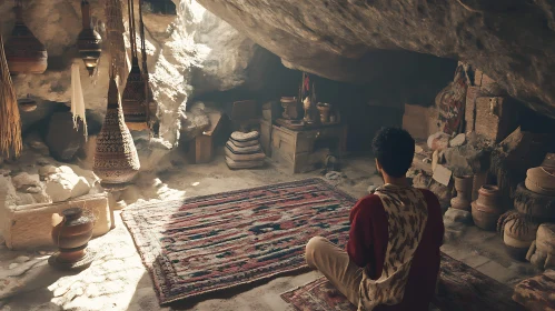 Man in Cave with Traditional Decor