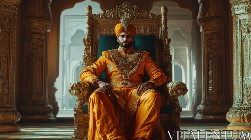 Regal Portrait: Man in Golden Attire on Throne AI Image