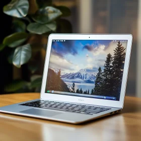 Silver Laptop Displaying Scenic Mountain Wallpaper