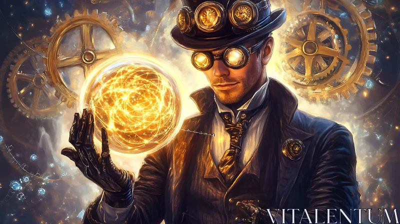 AI ART Man Holding Magic Orb Steampunk Art