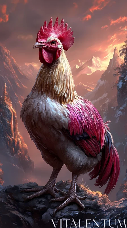 Rooster in Sunset Mountains AI Image