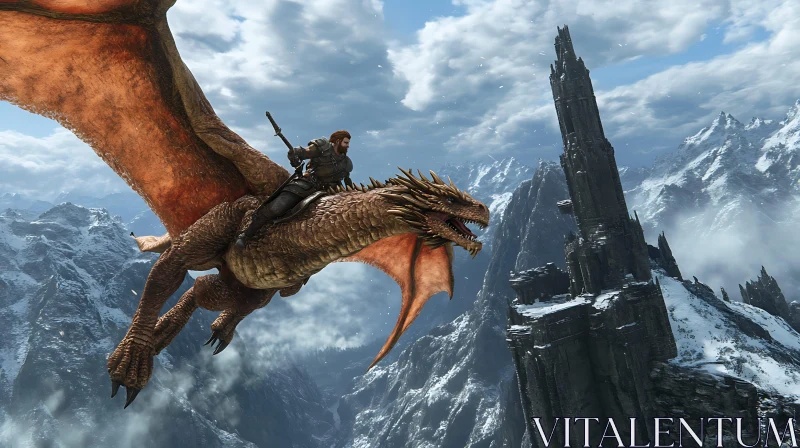 Warrior and Dragon Flight Through Mountains AI Image