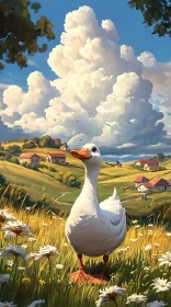 Tranquil Landscape with White Goose