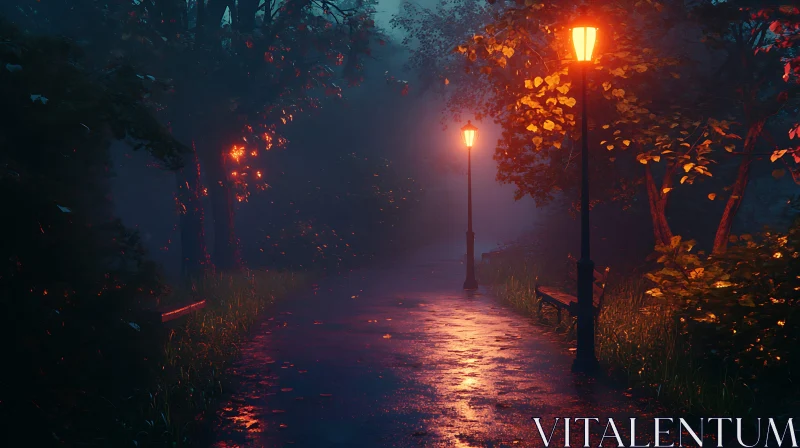 Illuminated Park Path at Night AI Image