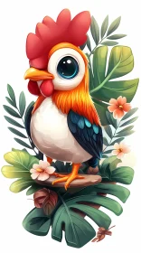 Playful Illustrated Rooster and Leaves