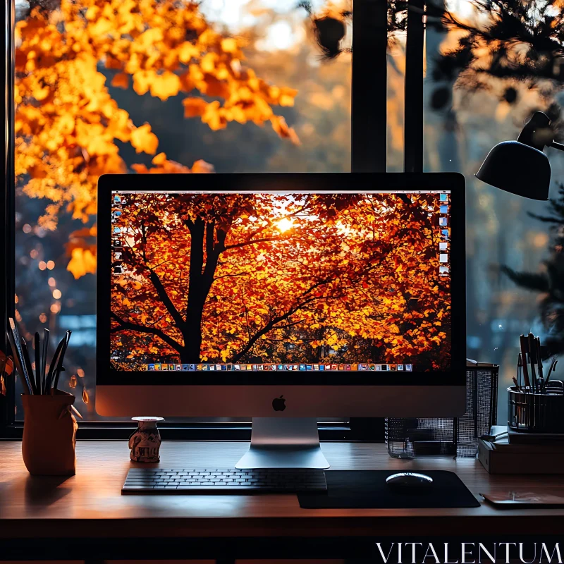 Workstation with Sunlit Autumn Background AI Image