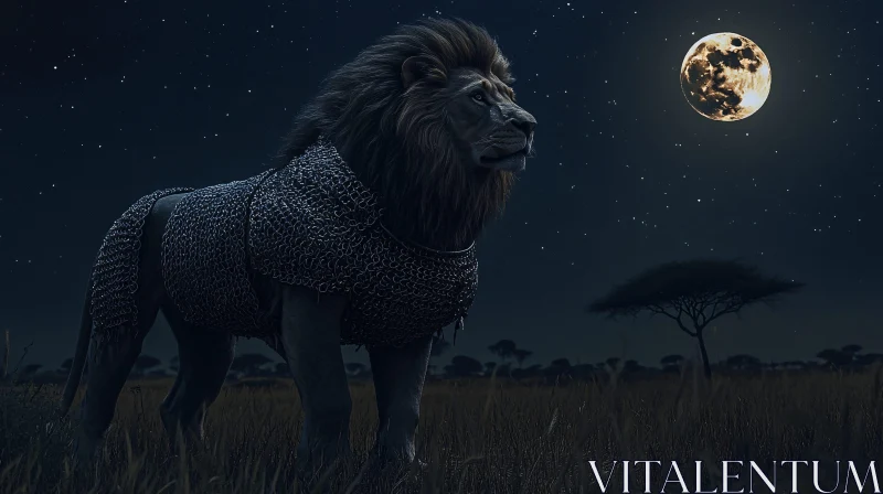 Armored Lion at Night AI Image