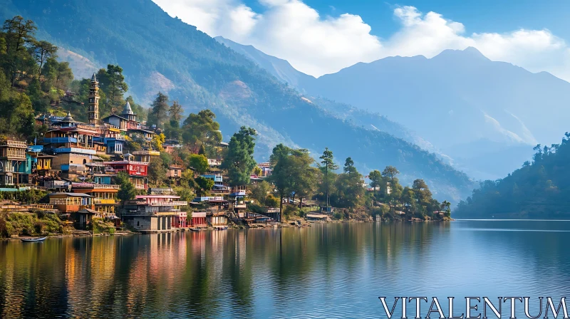 Scenic Lakeside Village in the Mountains AI Image