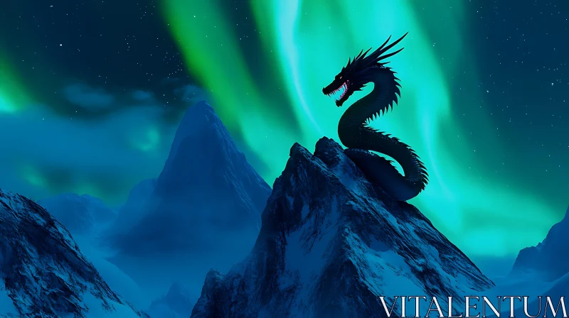 AI ART Mountain Dragon Under Northern Lights