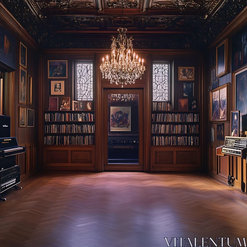 Opulent Library with Elegant Decor and Musical Equipment AI Image