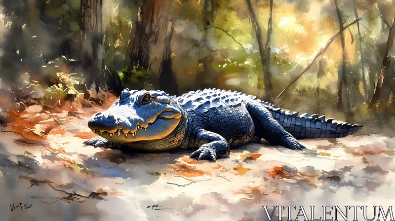 Sunlit Crocodile in Forest AI Image