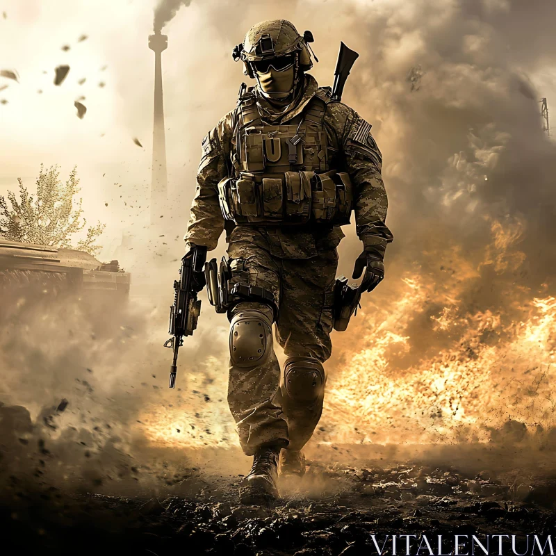 AI ART Armed Soldier Walking Through Fire