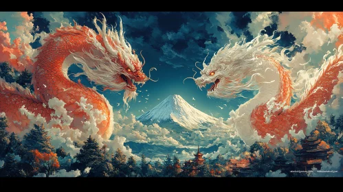 Celestial Dragons Above Serene Landscape