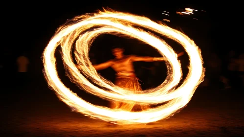 Fire Performer Creating Light Trails at Night