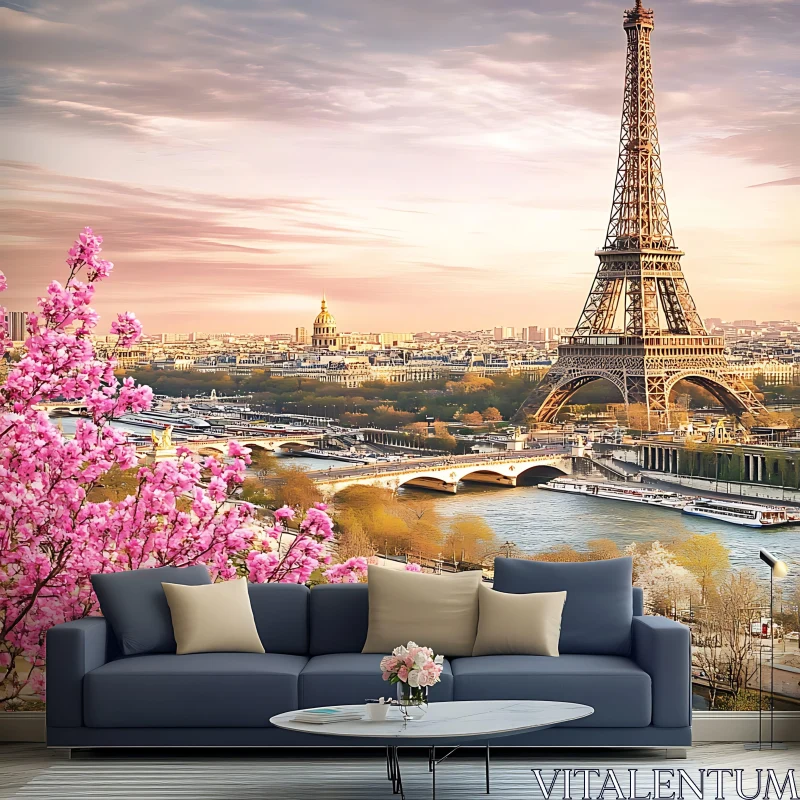 Parisian Interior Decor with Eiffel Tower and Cherry Blossoms AI Image