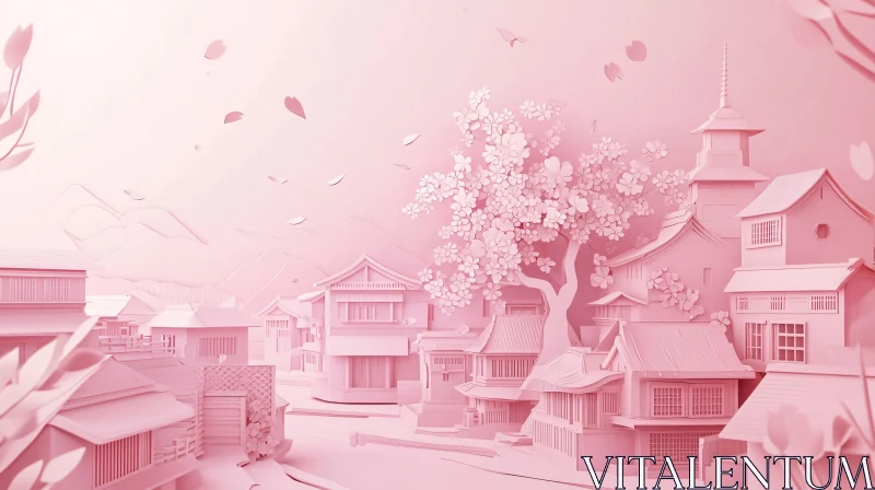 Monochromatic Pink Japanese Town AI Image