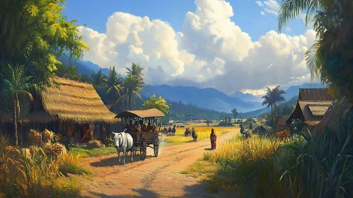 Tropical Village Landscape with Traditional Transport