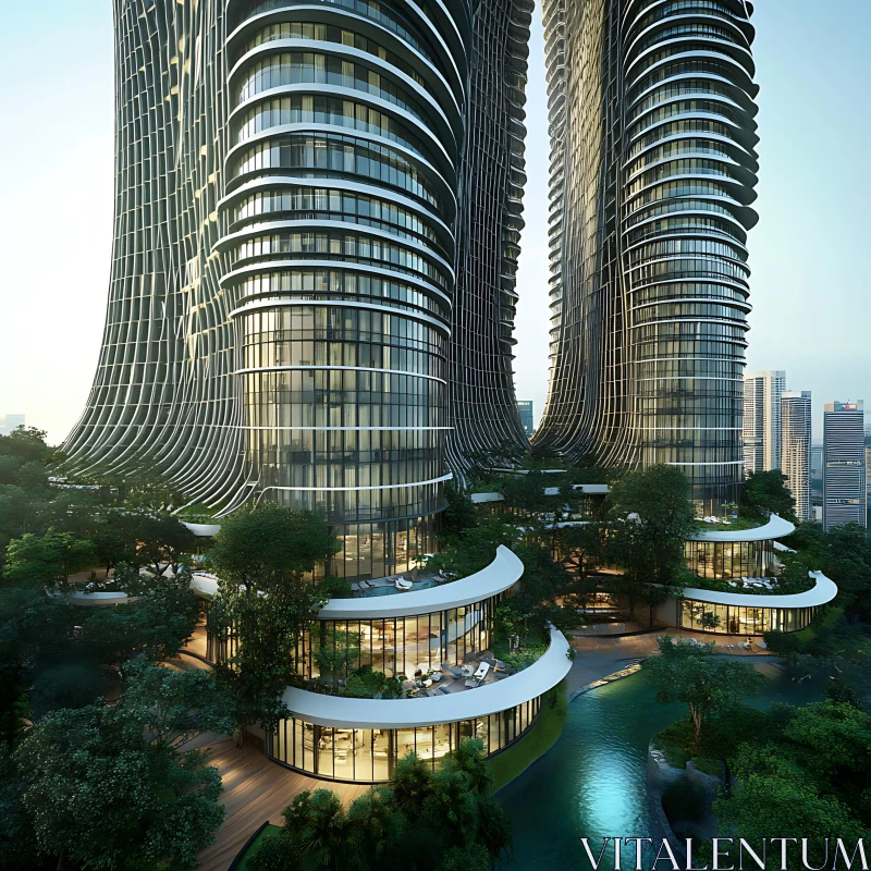 Futuristic Urban Skyscrapers with Greenery AI Image