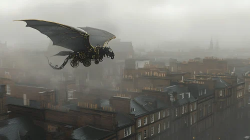 Mechanical Dragon in Foggy Urban Scene