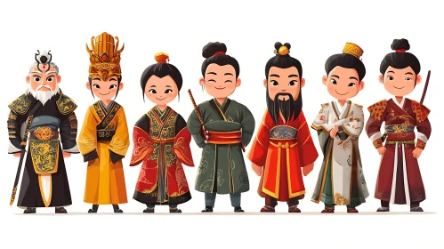 Whimsical Asian Figures in Cultural Garb