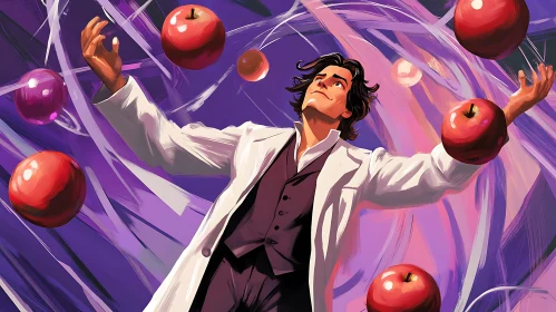 Man Surrounded by Floating Apples Illustration