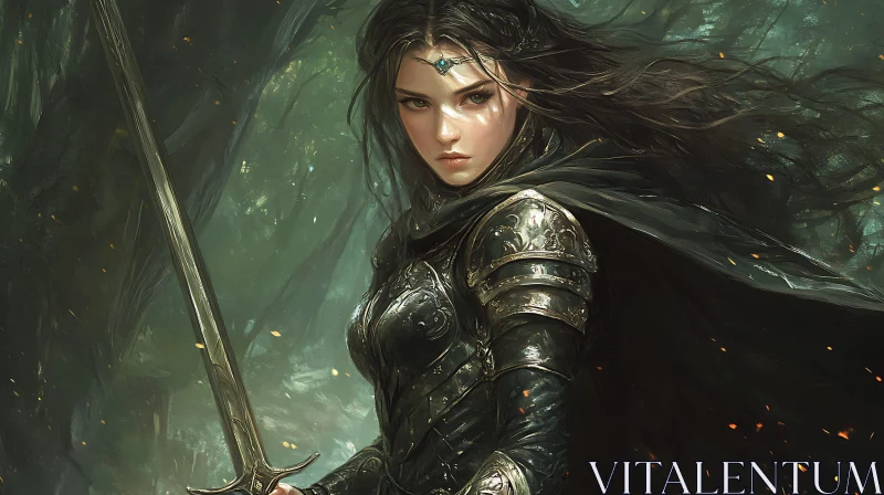 AI ART Armored Woman Warrior in the Woods