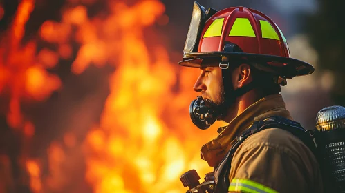 Firefighter in Action Amidst a Raging Fire