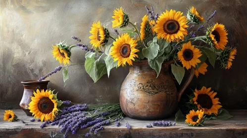 Sunflowers and Lavender in a Ceramic Jug