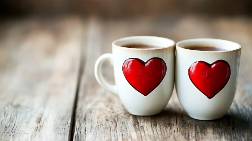 Mugs with Hearts on a Wooden Table