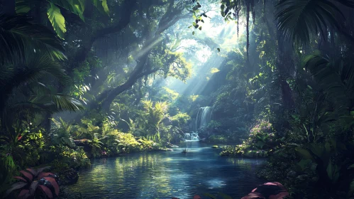 Tranquil Forest Scene with Waterfall