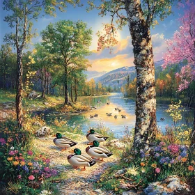 Peaceful Ducks by a Lake During Sunset