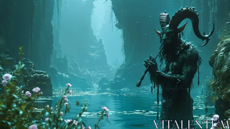 Dark Fantasy Concept Art: Satyr Playing Flute in Misty Forest AI Image