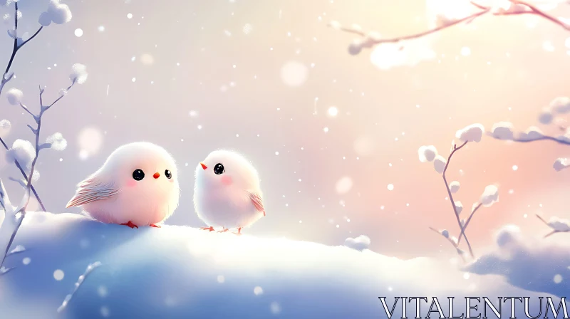 Two Little Birds on a Snowy Day AI Image