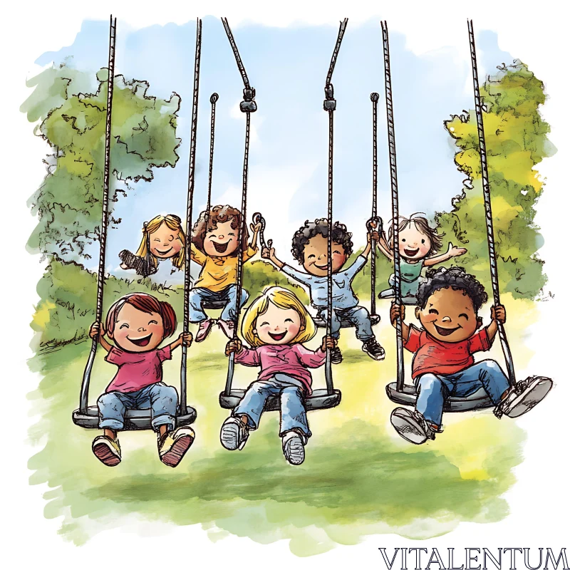 AI ART Kids Having Fun on Swings