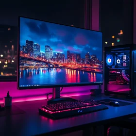 High-Tech Gaming Desk with Illuminated Cityscape