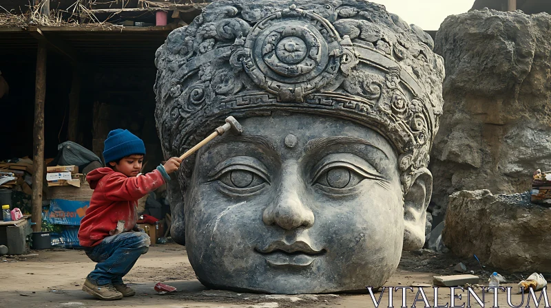 Stone Face Sculpture by Child AI Image