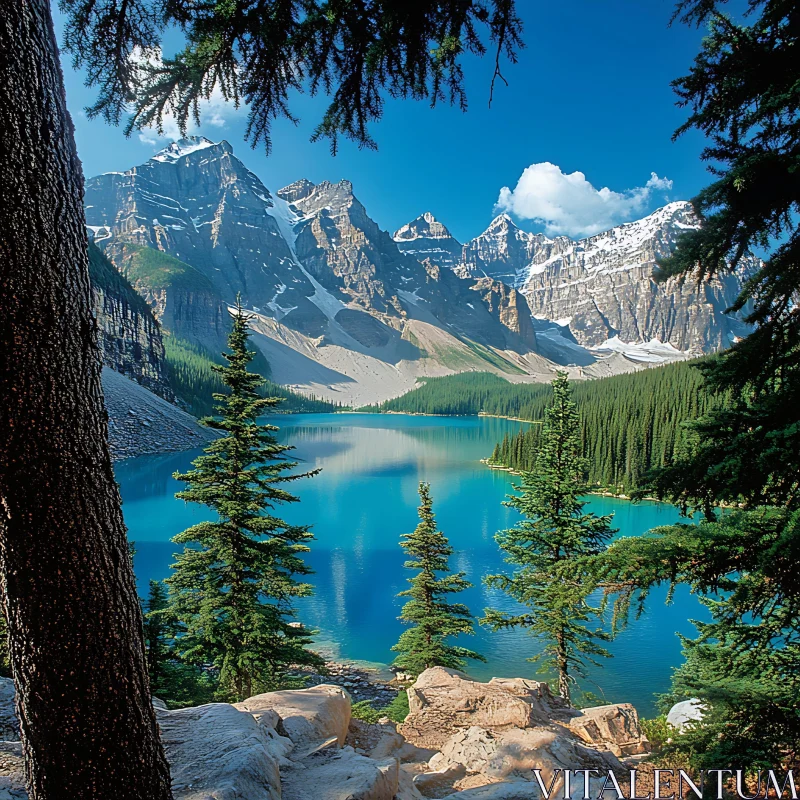 Idyllic Alpine Landscape with Clear Blue Lake and Towering Mountains AI Image