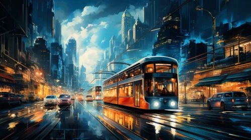 Electric Bus in City - An Urban Evening Depiction
