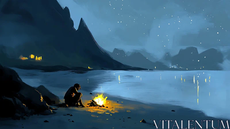 AI ART Seaside Bonfire Under Stars