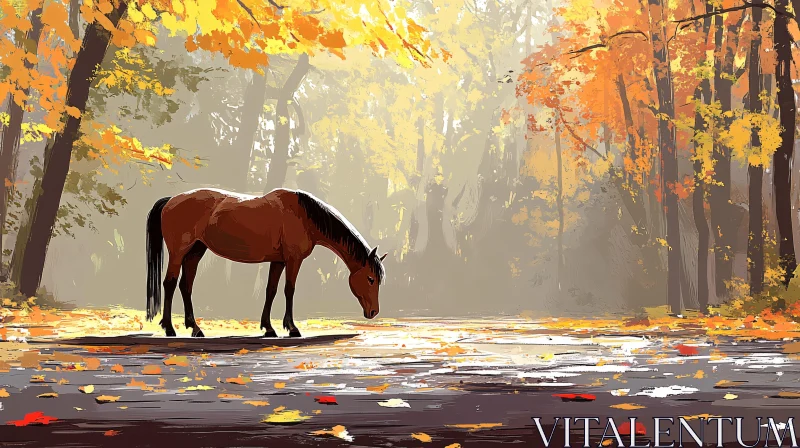 Serene Equine Amidst Falling Leaves AI Image