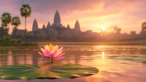 Angkor Wat Temple with Lotus at Sunset