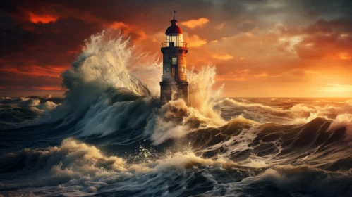 Lighthouse Amidst Stormy Ocean Waves at Sunset