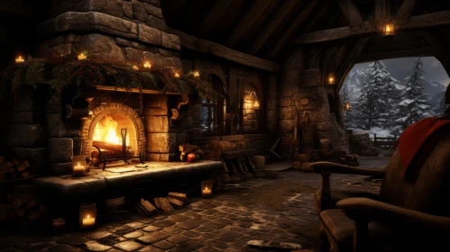 Medieval Inspired Wooden Living Room with Fireplace
